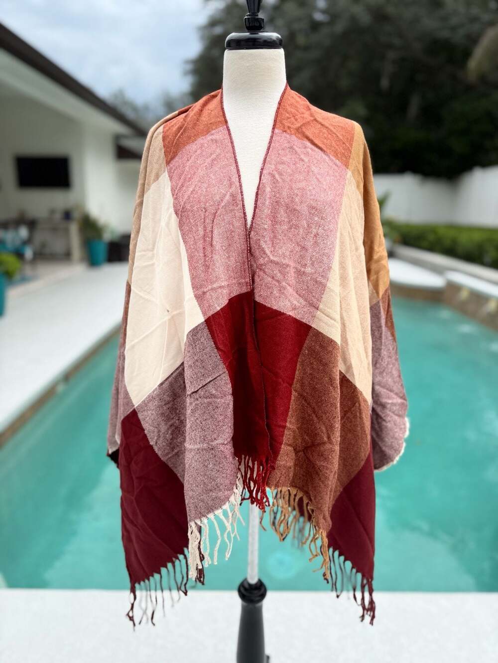 Siizu x Causebox Cranberry Plaid Fringe Poncho Wrap